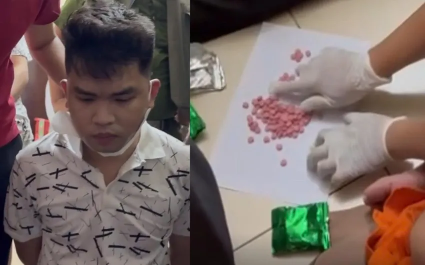 Cảnh sát bắt giữ Huy và thu giữ tang vật. Ảnh: CA 2-doi-nam-nua-thue-khach-san-su-dung-ma-tuy-2.jpeg